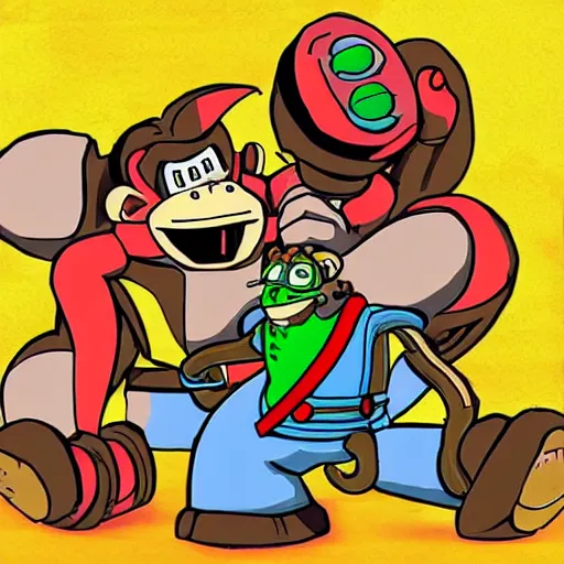 Image similar to Donkey Kong fighting with a robot, in the style of studio ghibli