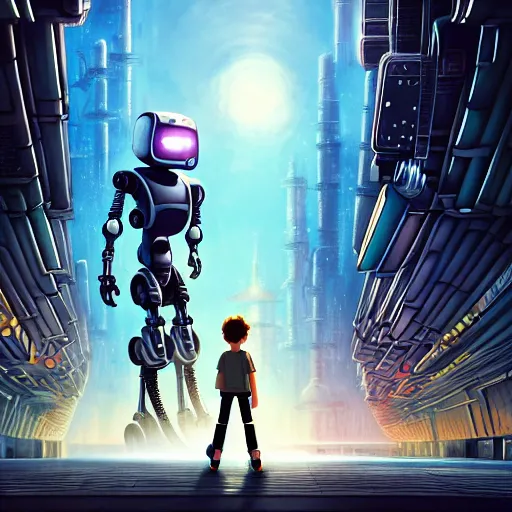 Prompt: film poster, novel cover art for a book, an adventurous boy and his robot friend, futuristic city backgrond, eleborate composition with forground and background, depth of field, fantasy illustration by tomoyuki yamasaki, kyoto studio, don bluth, madhouse, ufotable, square enix, cinematic lighting, trending on artstation