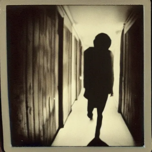 Image similar to a terrifying monster at the end of a hallway, dark!, creepy, nightmare fuel!!!, unsettling, uncanny valley!, old polaroid, expired film,