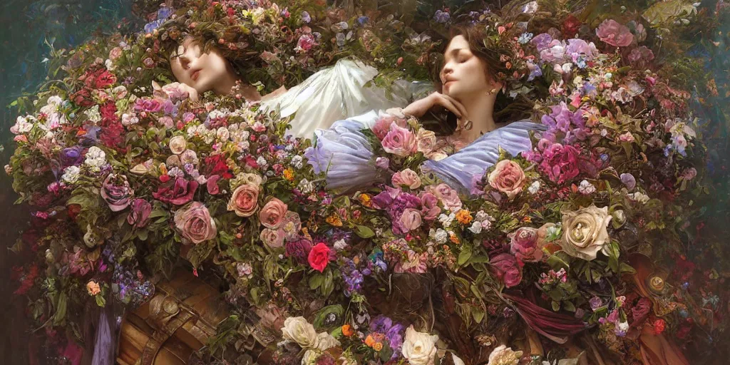 Image similar to an elaborate coffin with a mysterious sleeping beauty holding a large bouquet of flowing flowers,, fantasy, regal, intricate, by stanley artgerm lau, greg rutkowski, thomas kindkade, alphonse mucha, loish, norman rockwell