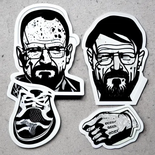 Image similar to die cut sticker, walter white in techwear, breakdancing, splatter paint