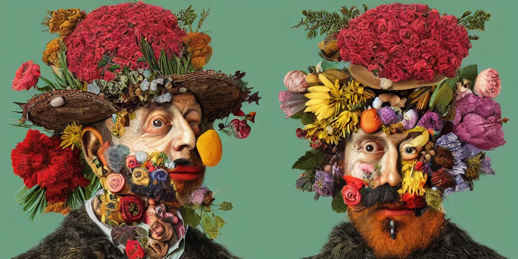 Image similar to an album cover of a man with a strange hat on his head by Arcimboldo, behance contest winner, award winning, masterpiece, pop surrealism, made of flowers, surrealist-H 1024