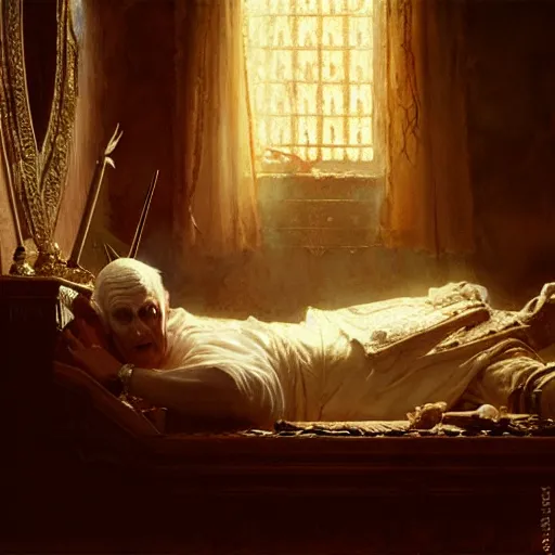 Prompt: the pope laying down in his bed, terrified, because a double horned shadow demon is in the the bedroom. highly detailed painting by gaston bussiere, greg rutkowski, craig mullins 8 k