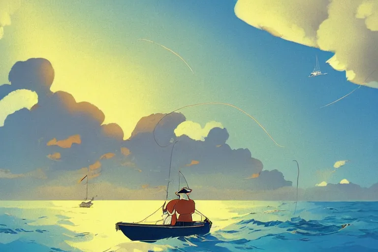 Image similar to sailor cat in a yellow raincoat and an eyepatch sailing a fishing boat through a tropical archipelago, morning sunrise, clouds, beautiful, summer, calm, studio ghibli, art by hayao miyazaki, makoto shinkai