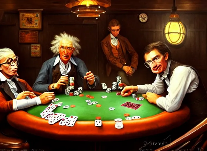 Image similar to playing poker in a saloon, Isaac Newton and Stephen Hawking and Albert Einstein, by Mandy Jurgens, trending on artstation, Richard Schmid and norman rockwell