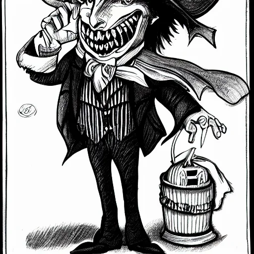 Prompt: a Pop Wonder scary horror themed goofy-hilarious-character Mad-Hatter-wearing a scarf, 3-piece-suit, dime-store-comic drawn with charcoal and pen and ink, half-tone-line-stacking