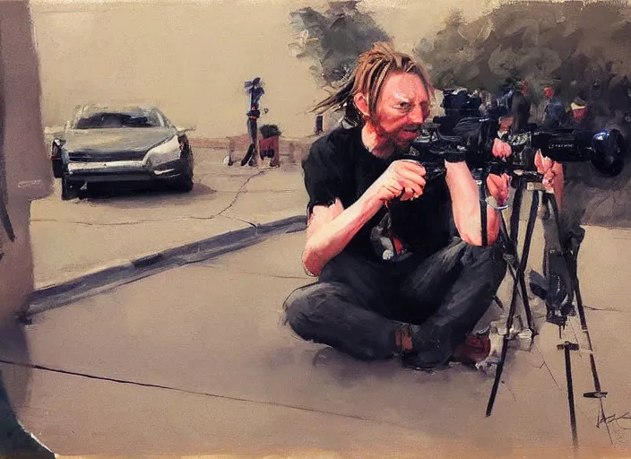 Image similar to a highly detailed beautiful portrait of thom yorke shooting, by gregory manchess, james gurney, james jean