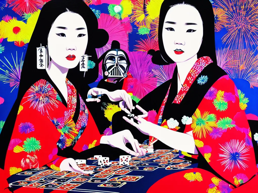 Image similar to hyperrealistic composition of the detailed woman in a japanese kimono sitting at a poker table with detailed darth vader, fireworks, beautiful mountain in the background, pop - art style, jacky tsai style, andy warhol style, acrylic on canvas