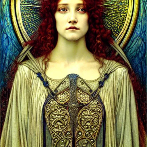 Image similar to detailed realistic beautiful young medieval queen face portrait by jean delville, gustave dore and marco mazzoni, art nouveau, symbolist, visionary, gothic, pre - raphaelite. horizontal symmetry