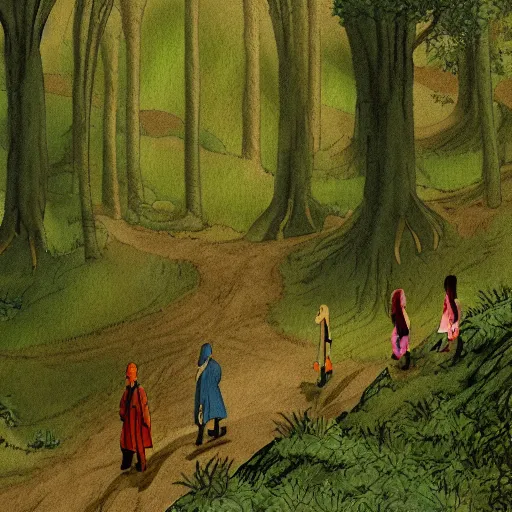 Image similar to a valley with tall trees and two hobbits walking through the forest in the style of J.R.R Tolkien