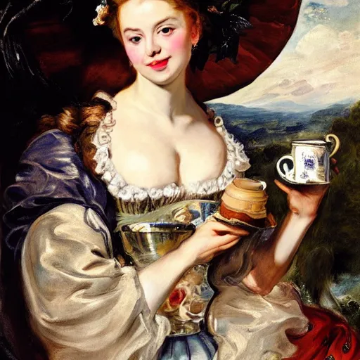 Image similar to heavenly summer sharp land sphere scallop well dressed lady holding a starbucks coffee cup, auslese, by peter paul rubens and eugene delacroix and karol bak, hyperrealism, digital illustration, fauvist, starbucks coffee cup