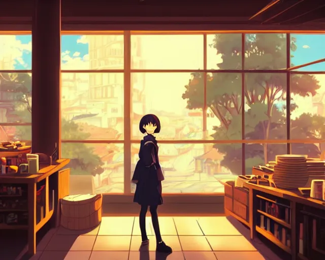 Prompt: anime visual, portrait of a young female traveler in a alchemist's shop interior, low light, cute face by ilya kuvshinov, yoh yoshinari, katsura masakazu, studio lighting, dynamic pose, dynamic perspective, strong silhouette, anime cels, cel shaded, flat shading, crisp and sharp, rounded eyes, moody