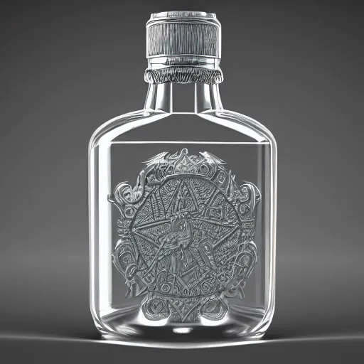 Prompt: transparent ancient magical potion flask engraved stallion, raytracing, caustics, orthographic 3d rendering