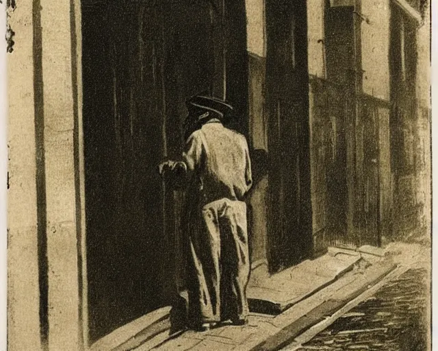 Image similar to a ragged clothed man begging on a street in early 2 0 th century paris. he has a top hat. street lights. evening. warm atmosphere. epic scene.