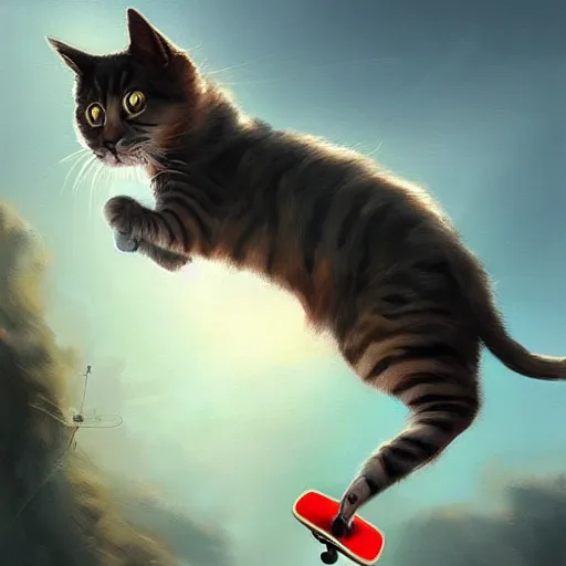 Prompt: a cat flying on a hovering skateboard, art by Mandy Jurgens, fog, fantasy background, magic, detailed, high quality, professional, expensive
