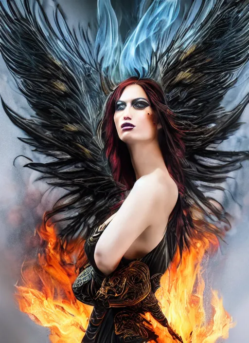 Prompt: sexy fire goddess, sensual painting, seductive look, large black feather wings, very long red hair, dark green smokey eyeshadow, massive fire and smoke surrounding her, lightpainting across the background, realistic, beautiful, dystopian, phoenix, intricate black obsidian, dragon, burning halo, intricate, cinematic, hyper realism, high detail, octane render, unreal engine, 8k, Smooth gradients, High contrast, depth of field, aperture f1.2, background is shiny black cave rocky, sunset halo behind her head, D&D, fantasy, highly detailed, digital painting, artstation, concept art, sharp focus, illustration, art by artgerm and greg rutkowski and alphonse mucha, WLOP, 8k render, detailed