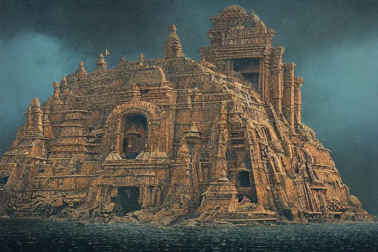 Image similar to photography of an archipelago of never seen before ancient indian temple. ofinspiring science fiction, intricate, elegant, uplifting, inspirational, highly detailed by beksinski and simon stalenhag