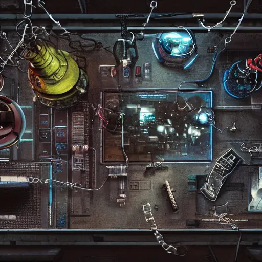 Image similar to cyberpunk room top view with table of dissection laboratorie experiment lote of chain, liquide in tube, technologique , technomancer , alien experimente the futur dark by Greg Rutkowski, Sung Choi, Mitchell Mohrhauser, Maciej Kuciara, Johnson Ting, Maxim Verehin, Peter Konig, Bloodborne , 8k photorealistic, cinematic lighting, HD, high details, atmospheric , trending on artstation