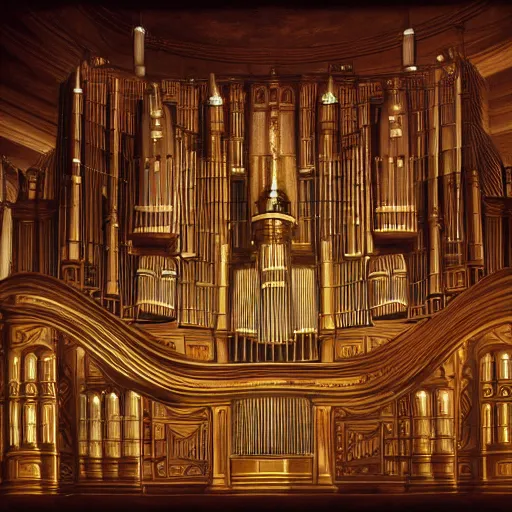 Image similar to gigantic pipe organ, oil painting, digital art, trending on artstation, highly detailed, 8k, luminous, biomechanical