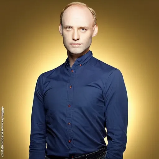 Prompt: photograph of a blond male, middle aged balding superhero, with dark blue eyes and very pale skin
