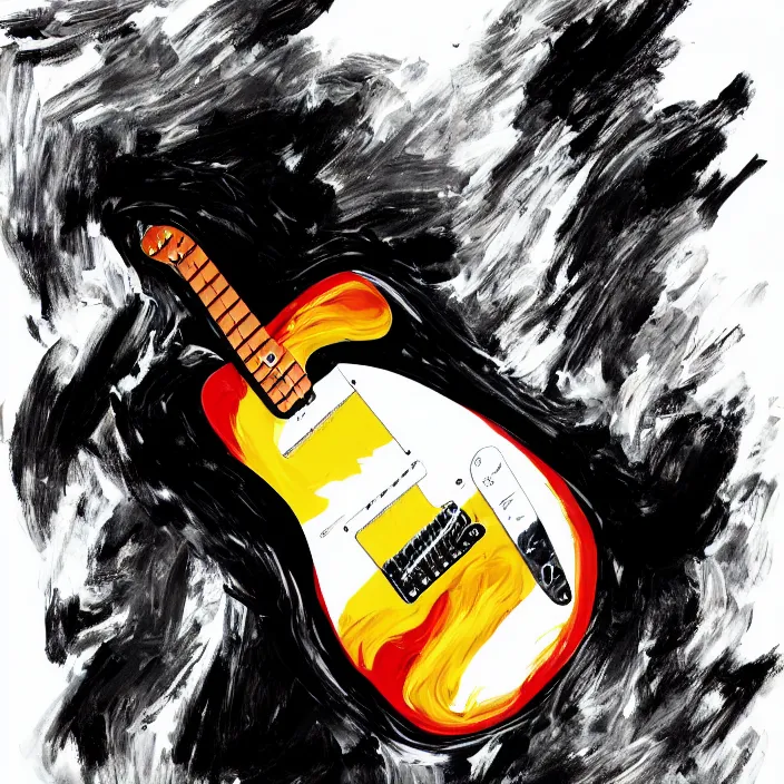 Image similar to abstract large swirly brush strokes painting of a young korean man wearing black low neck t shirt holding a telecaster!!! electric guitar!!, candid!! dark background, huge thick flowing dramatic brush strokes, matte colors, abstract, emotional masterpiece, impressionist, trending on artstation