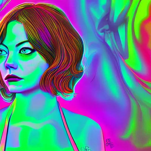 Image similar to surreal Emma Stone covered in chromatic distortions standing in mysterious place, beautiful, psychedelic, lsd, trending on artstation, artwork by Hughes, Edward Robert