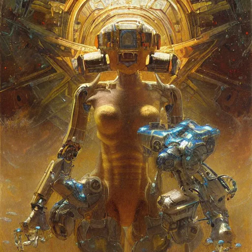 Image similar to highly detailed portrait of an humanoid robotic galaxy mecha, painting by gaston bussiere, craig mullins, j. c. leyendecker, lights, art by ernst haeckel, john william godward, hammershøi,