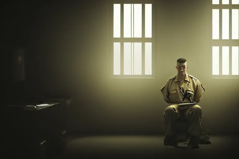 Prompt: an ultra realistic, cinematic photograph of a male prison guard, sat in an office, fire, dramatic, soft light, dreamy, facial features, detailed, deep focus, movie still, dramatic lighting, ray tracing, by michal karcz and yoshitaka