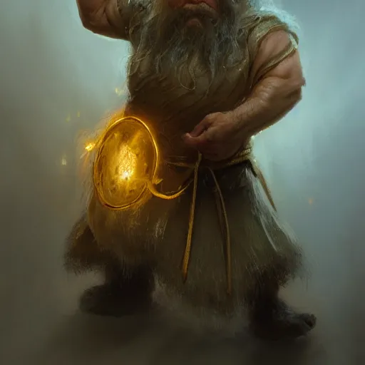 Image similar to portrait of a dwarf holding in two hands the beautiful humongous raw, unrefined gold nugget with organically sculpted lines, realistic, beautiful, fantasy art, dnd, lord of the rings, mid - shot, moody lighting, by greg rutkowski, wlop, artgerm, concept art, sharp focus, ray tracing