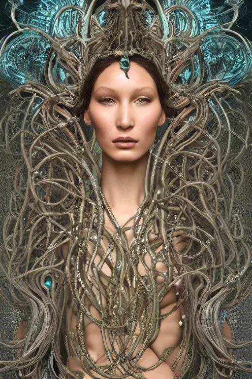 Prompt: a portrait of a beautiful ancient alien medusa gorgon woman goddess bella hadid standing in iris van herpen dress jewelery and fractals in style of alphonse mucha art nuvo dmt trending on artstation made in unreal engine 4