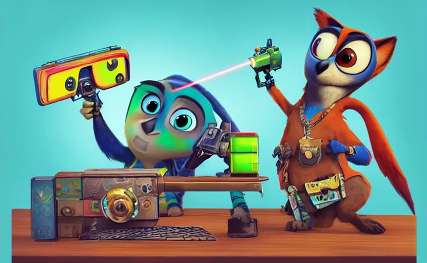 Image similar to “ one cute parrot with very big eyes, wearing a bandana and chain, holding a laser gun, standing on a desk, digital art, award winning, in the style of the movie zootopia ”