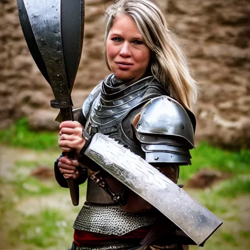 Image similar to full shot photo of a female warrior with spiky armour holding medieval flail