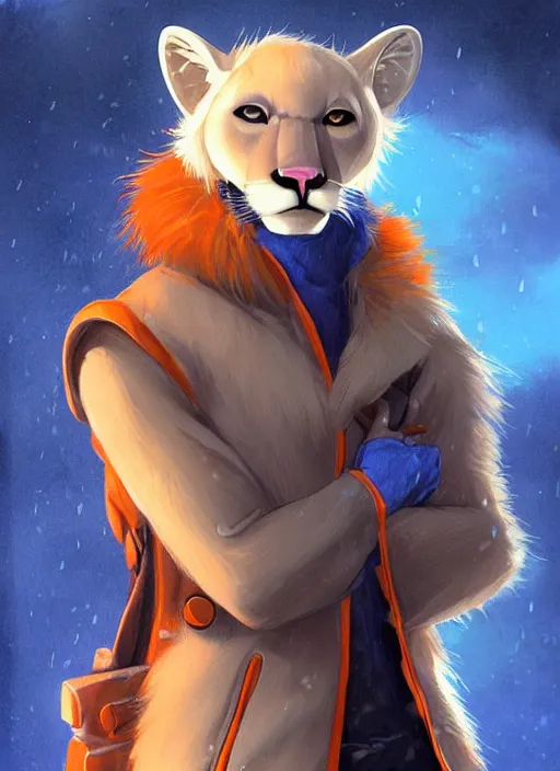 Image similar to award winning beautiful portrait commission of a male furry anthro albino mountain lion fursona with a tail and a cute beautiful attractive detailed furry face wearing stylish blue and orange rockstar clothes in a cyberpunk city at night while it rains. Character design by charlie bowater, ross tran, artgerm, and makoto shinkai, detailed, inked, western comic book art