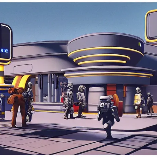 Image similar to intricately detailed ralph mcquarrie concept art of a futuristic mcdonalds with the golden arches displayed. a space station is seen off in the distance with various droids and people walking in the foreground. a trooper is seen holding a brown mcdonalds bag.