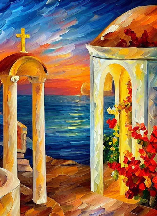 Image similar to beautiful seaside greek chapel in village at sunset in the style of leonid afremov