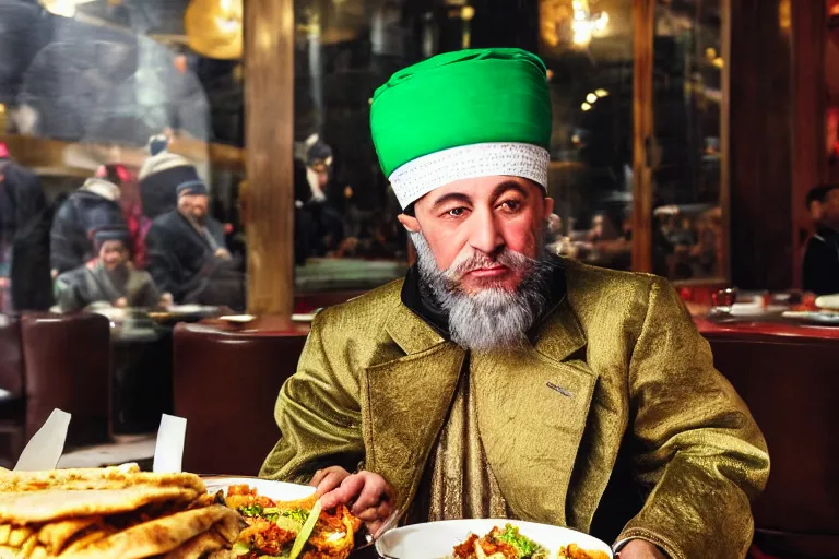 Prompt: Ottoman Sultan Mehmet IV eating shawarma in a restaurant in Downtown New York, wearing big ovular turban and a luxurious Ottoman coat, green eyes, super realistic facial features, detailed face, Ottoman Sultanate, cheerful, expressive, photorealistic, hyperrealism, micro details, HDR Shot