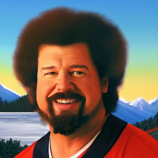 Image similar to a closeup photorealistic photograph of bob ross painting kenny powers dressed in baseball uniform onto a canvas. mountains and trees. film still. brightly lit scene. this 4 k hd image is trending on artstation, featured on behance, well - rendered, extra crisp, features intricate detail, epic composition and the style of unreal engine.