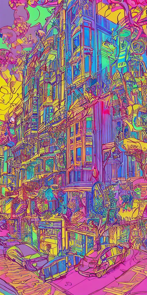 Prompt: the haight in san francisco an ultrafine detailed illustration by james jean, intricate linework, bright colorful colors, behance contest winner, vanitas, angular, altermodern, unreal engine 5 highly rendered, global illumination, radiant light, detailed and intricate environment