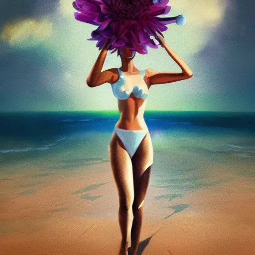 Image similar to portrait, giant rose flower head, girl dancing at the beach, surreal photography, sunrise, blue sky, dramatic light, impressionist painting, digital painting, artstation, simon stalenhag