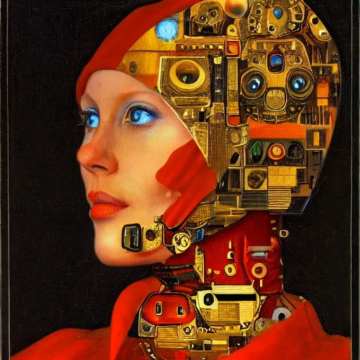 Image similar to a portrait of cyborg queen jacked into a man-machine interface by Jan van Eyck