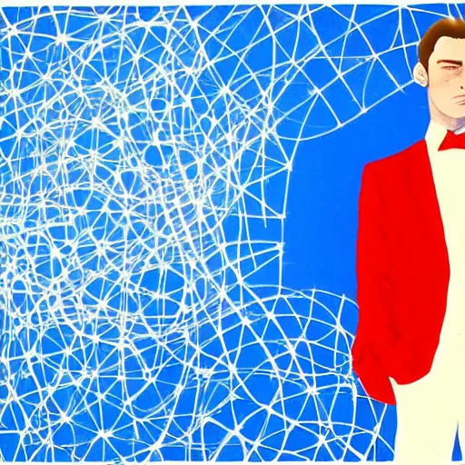 Prompt: A beautiful conceptual art of a man in a red suit with a blue background. The man's eyes are closed and he has a serene, content look on his face. His arms are crossed in front of him and he appears to be floating in space. The blue background is swirling with geometric shapes and patterns. by Clive Madgwick bleak, rigorous