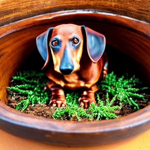 Image similar to Old wood dachshund with leaves, growing in a bonsai pot