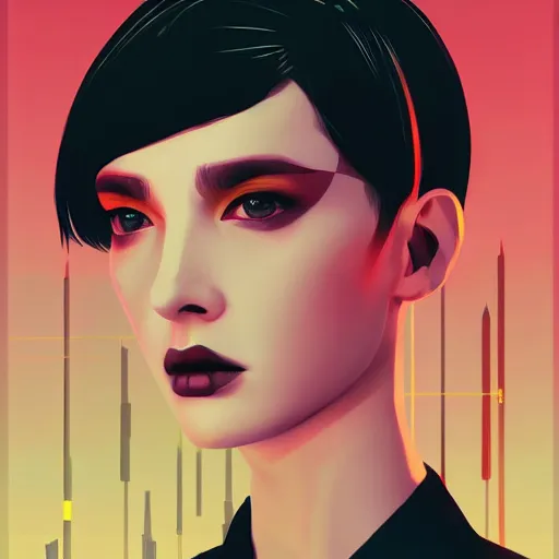 Prompt: portrait handsome androgynous sci - fi girl, blade runner 2 0 4 9, futuristic metropolis background, drones, digital art, pop art by hsiao - ron cheng