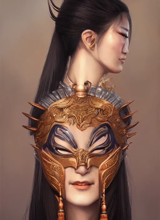 Prompt: a beautiful detailed oil on copper art illustration of a japanese basara mask woman, centered, by charlie bowater, zeng fanzh, trending on artstation, dim dusk lighting, cinematic lighting, detailed lighting, volumetric lighting, realistic, f 8, 4 k hd wallpaper