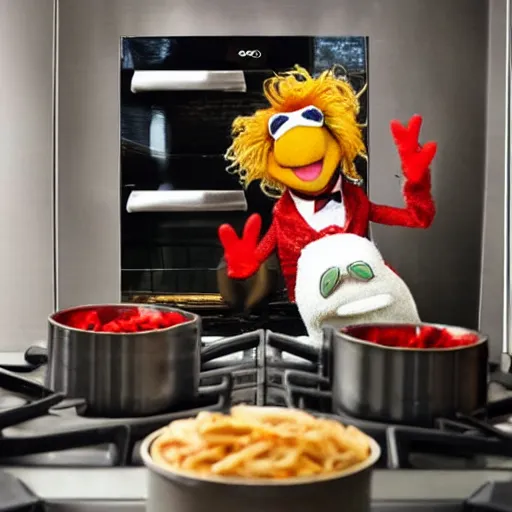 Image similar to a muppet inside a metal pot on a stove, next to an italian chef cooking