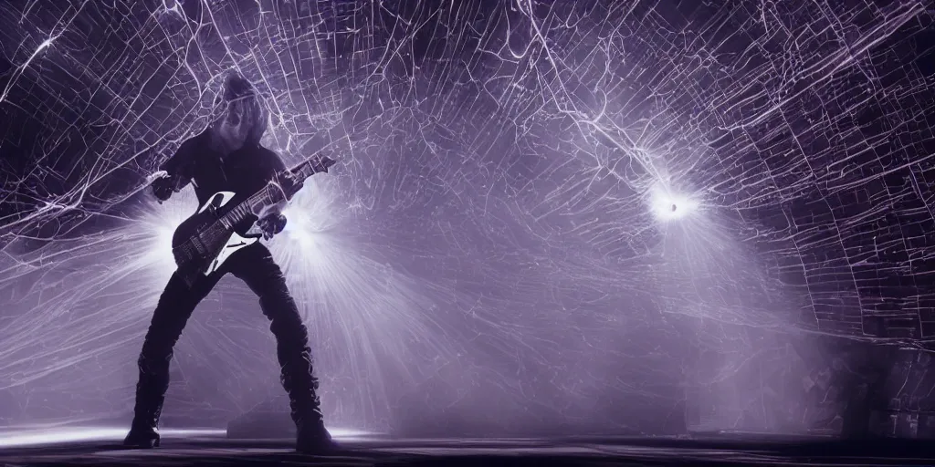 Image similar to dusty Trent Reznor smashing guitars, group of people on stage playing instruments, elaborate stage effects, dust, smoke, giant LED screens, colored projections, ultrafine detail, goth cybersuit, glowing thin wires, smoke, high contrast, projections, a screenshot by David Gilmour Blythe, holography, tesseract, volumetric lighting, anamorphic lens flare