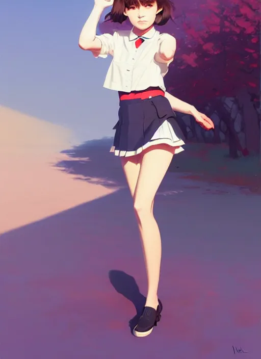 Image similar to full body beautiful and cute and aesthetic school girl greeting, very slightly smiling, wave a hand at the camera, perfect face, symmetric eyes, sharp focus, specular reflection, occlusion shadow, artstation, by ilya kuvshinov and jeremy lipking and quentin mabille, light novel cover art, 3 d epic illustrations, symmetric body