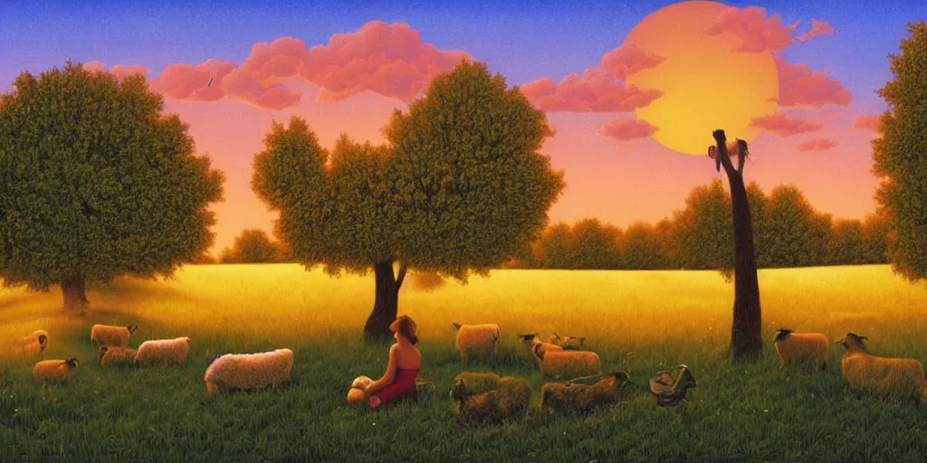 Prompt: a shepherd resting under a tree, sheep grazing, sunset, art by rafal olbinski
