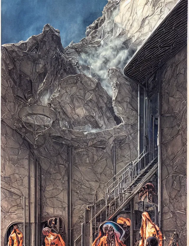 Prompt: huge gothic crematorium on desert planet, elevator, side ramp entrance ambulance smoke dead bodies, guards intricate, painting by lucian freud and mark brooks, bruce pennington, dark colors, neon, death, guards, nice style culture