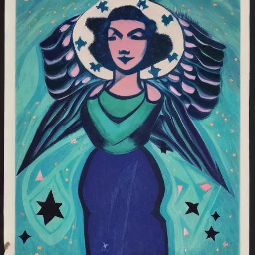 Prompt: navajo green distorted by arturo souto, by kees scherer. a conceptual art of a woman with wings made of stars, surrounded by a blue & white night sky. the woman is holding a staff in one hand, & a star in the other. she is wearing a billowing dress, & her hair is blowing in the wind.